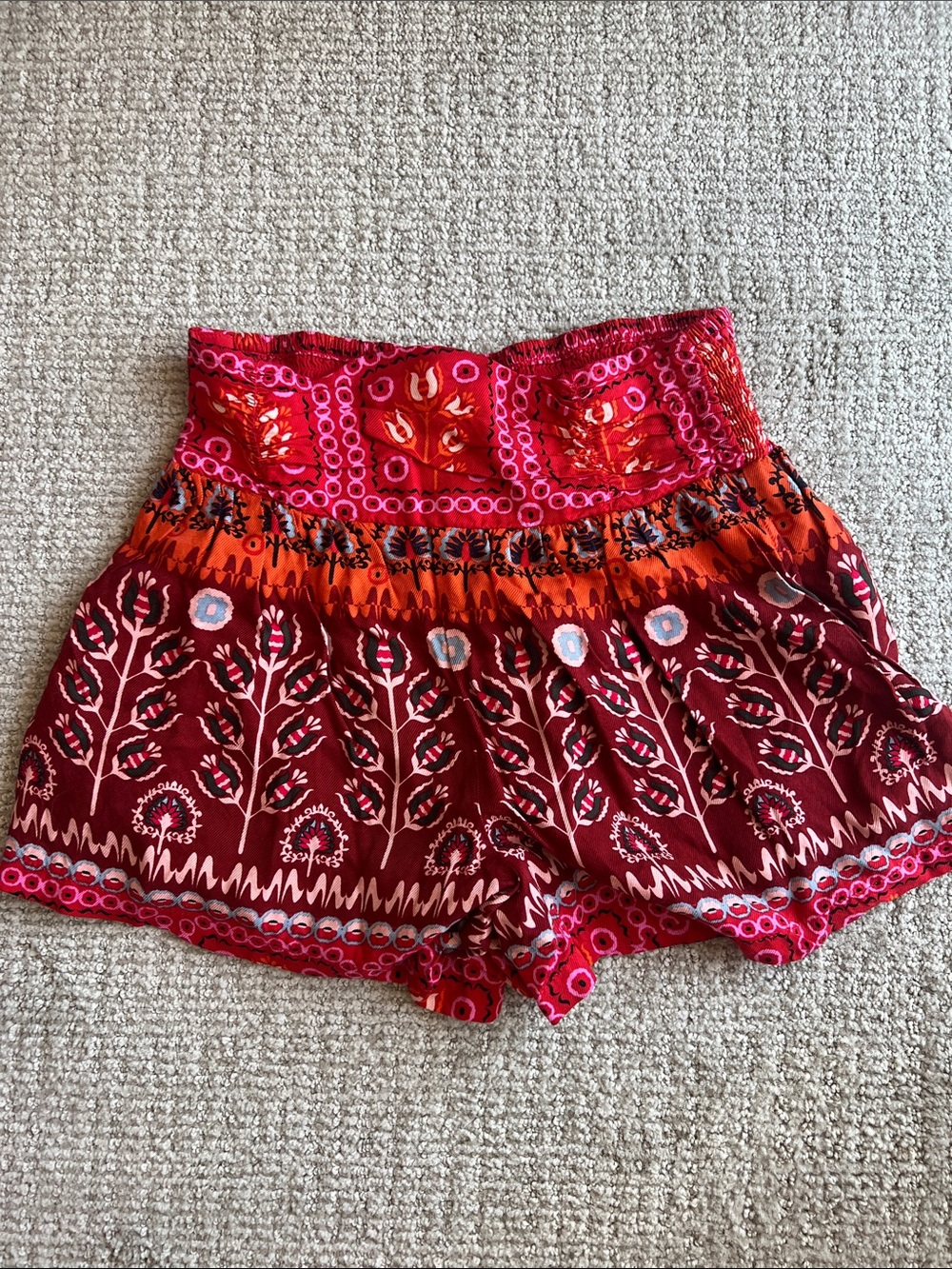 Anthropologie Red and Pink Embroidered High-Waist Shorts